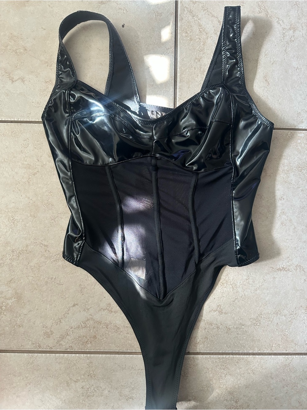 SHEIN Black Faux Leather Mesh Corset Bodysuit Size L